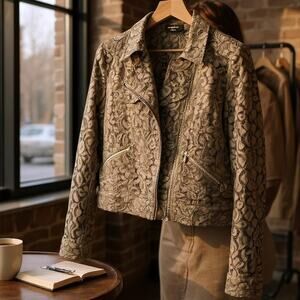 Bebe Floral Lace Moto Jacket Green Full Zip See Through Lightweight Womens 10